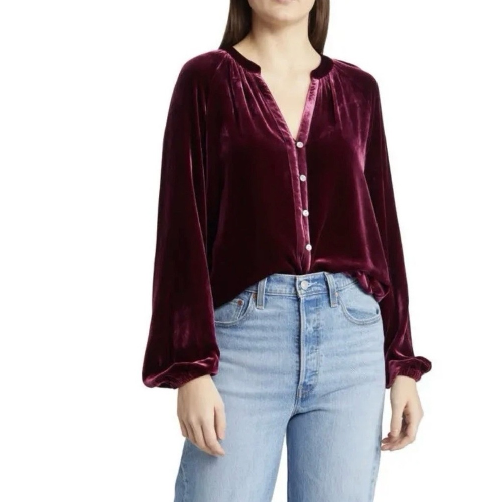 Faherty Naomi Velvet Button-Up Shirt Burgundy Silk Blend Long Sleeve XL